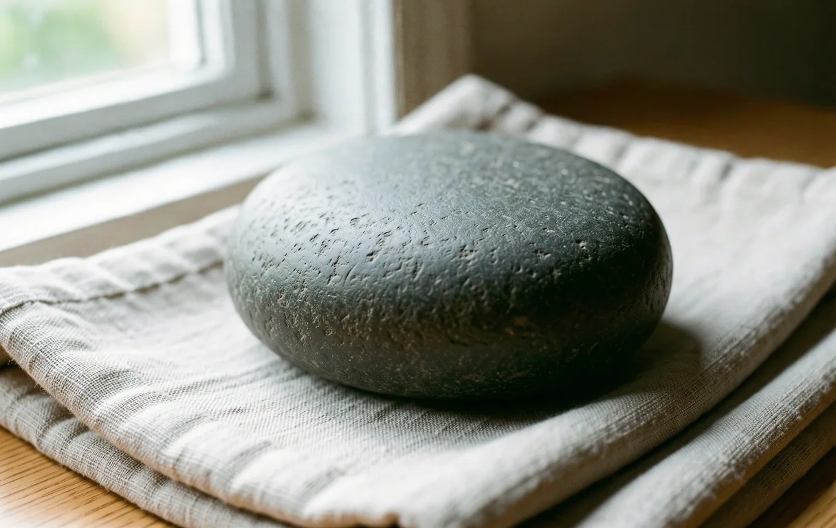 A weighted stone on linen fabric